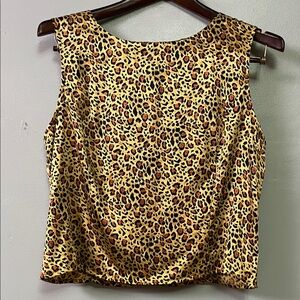 Vintage Leopard Print Silk Button Down Back Sleeveless Top
